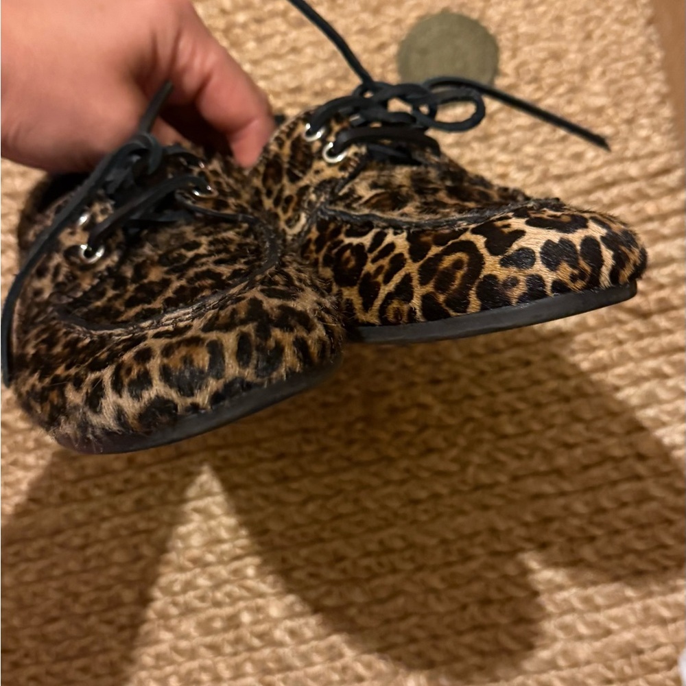 Massimo Dutti Women's Leather Fashion Round Toe Leopard Print Lace-up Loafers - Picture 3 of 7